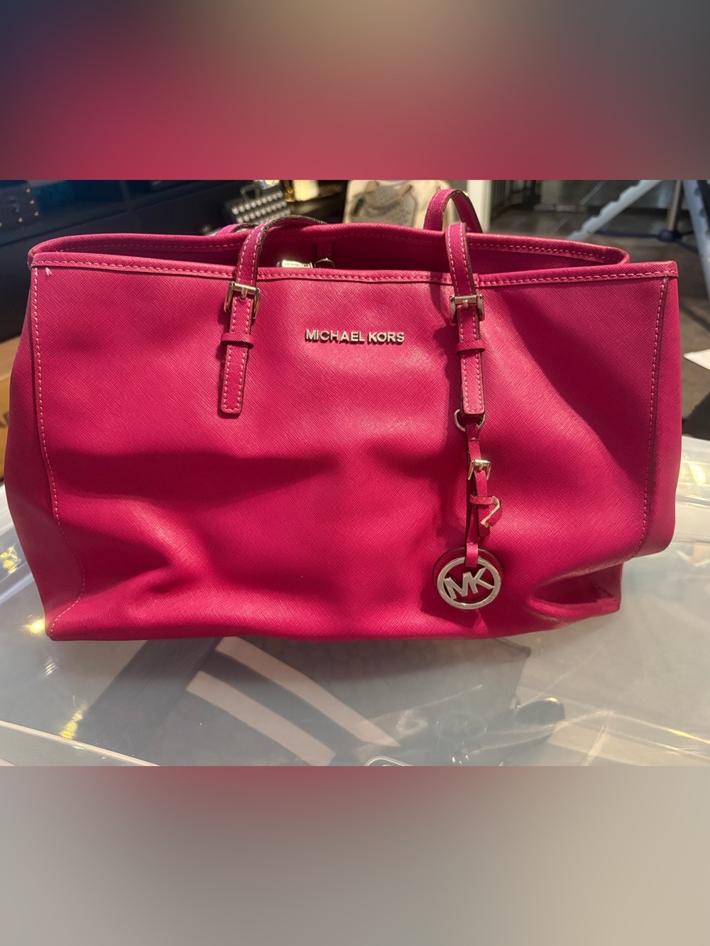 Michael Kors Raspberry Pink Saffiano Jet Set Tote with Gold Hardware